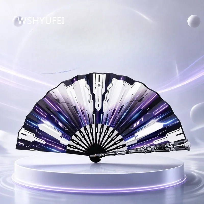 Cyberpunk Metal Folding Fan Purple Mechanical Ribs Sci-Fi Style Hand Fan Cosplay Party and Stage Performance for Men and Women