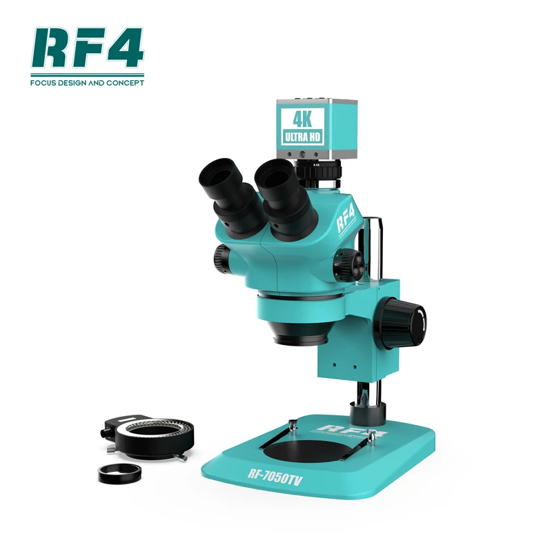 Zoom continu de la caméra 7-50X des microscopes 4KC1 industriels trinoculaires stéréo RF7050TV-4KC1 de RF4 pour la réparation électronique de soudure de carte PCB