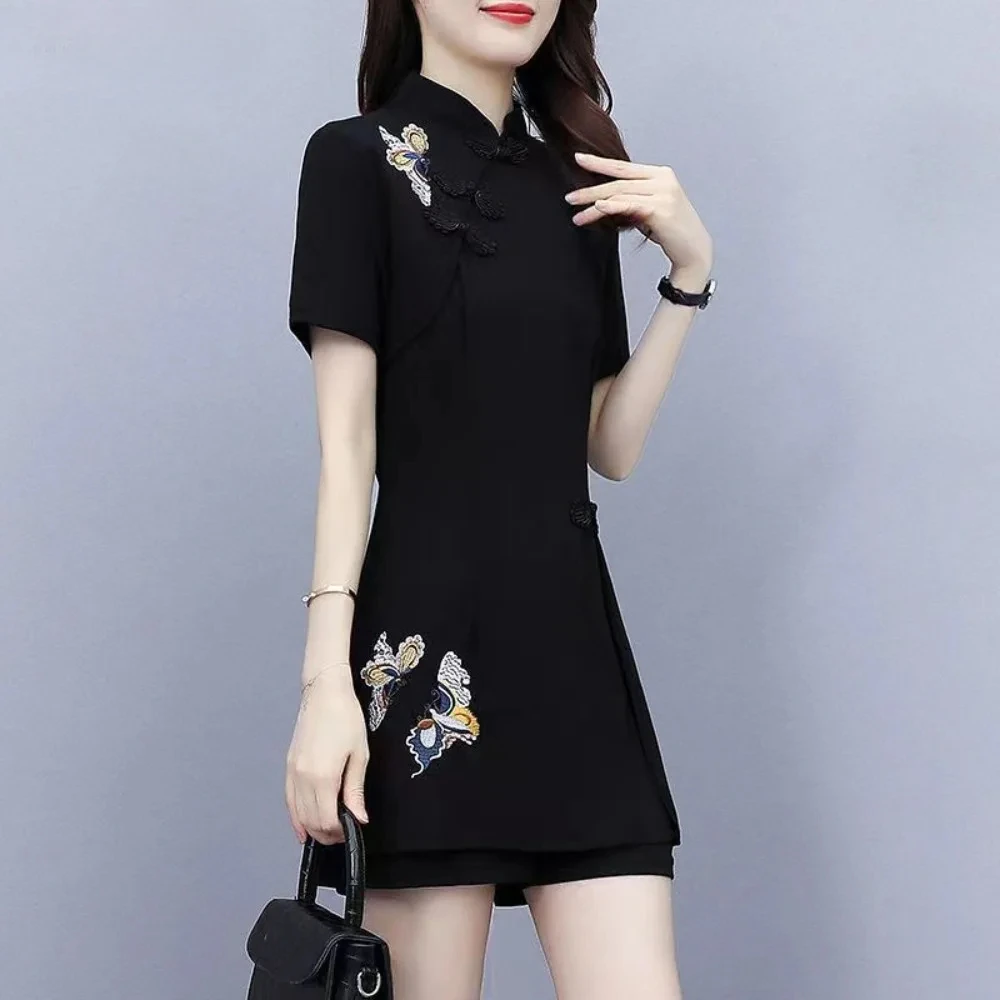 Women's Fashionable Retro Large Improved Qipao Dress Two Piece Set Women Single/Set Summer Slim Cheongsam Shorts Set