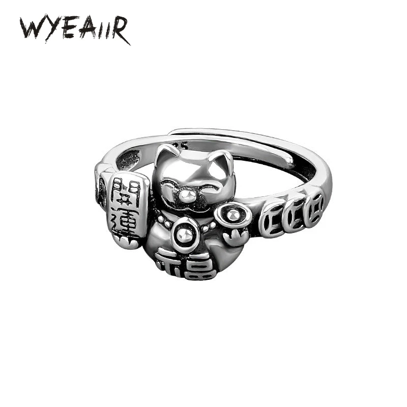 WYEAIIR Vintage Thai Silver Lucky Cat 925 Sterling Silver Resizable Opening Ring For Women Luxury Jewelry