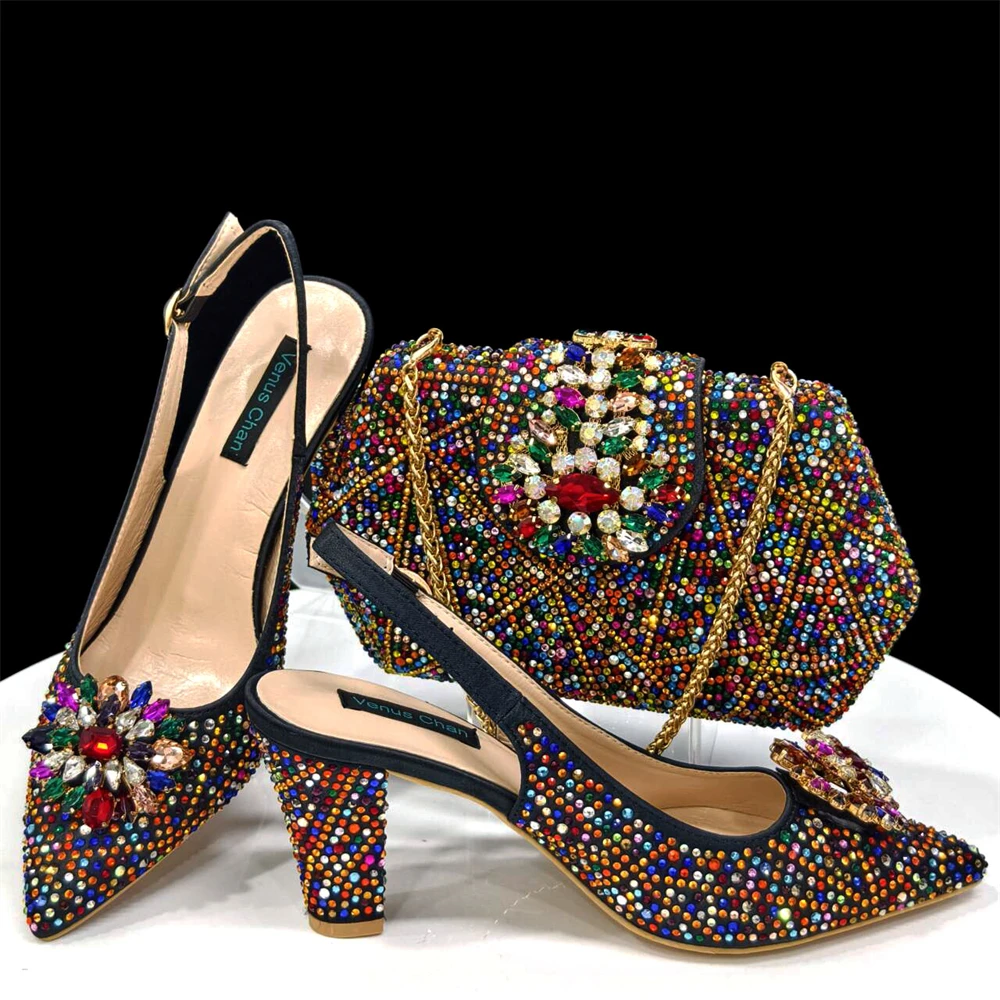 

Latest Mature Style Design Strappy Shoes Fashionable Rainbow Diamond Bag Ladies Shoes For Banquet Or Commuting