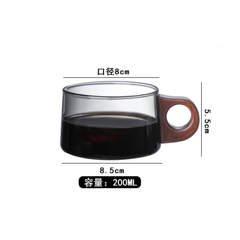 200ml American Latte Glass Coffee Mug With Wooden Tray Handle High Borosilicate Milk Tea Cup Fresh Ground Coffee Cup Set