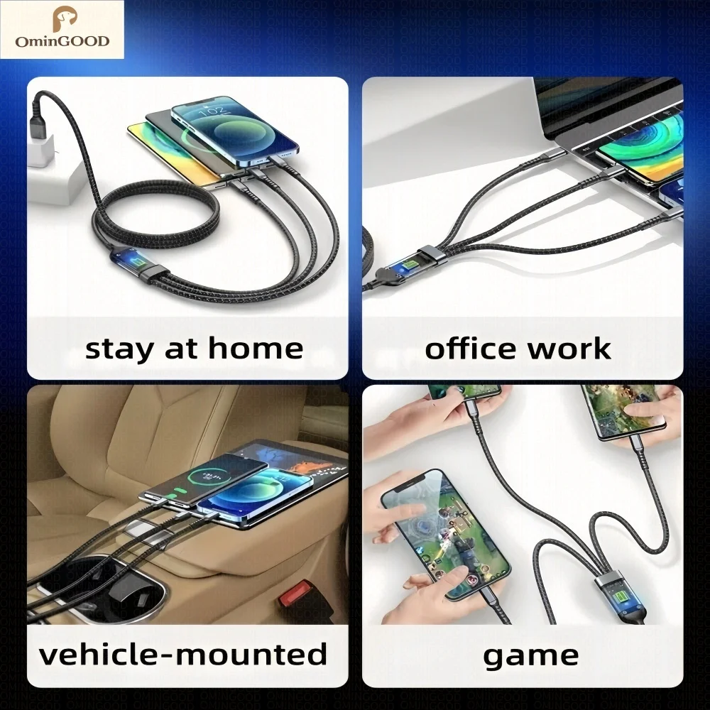 100W 3in1 USB Fast Charger Cable  Braided Anti-Break Universal Type-C Micro USB Multi Charging Cord for Android Mobile Devices
