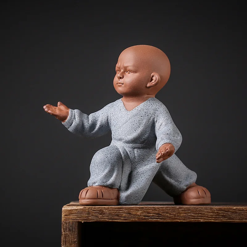 Kungfu Tai Chi Monks Figurines Purple Clay Pottery Buddha Statue Sculpture Fairy Garden Desk Zen Ornament Home Docor Decoration