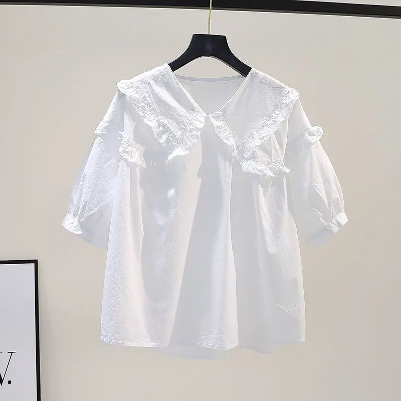 

Белая рубашка из чистого хлопка с короткими рукавами для женщин, летние свободные утягивающие универсальные топы с рюшами по краям, модная женская одежда