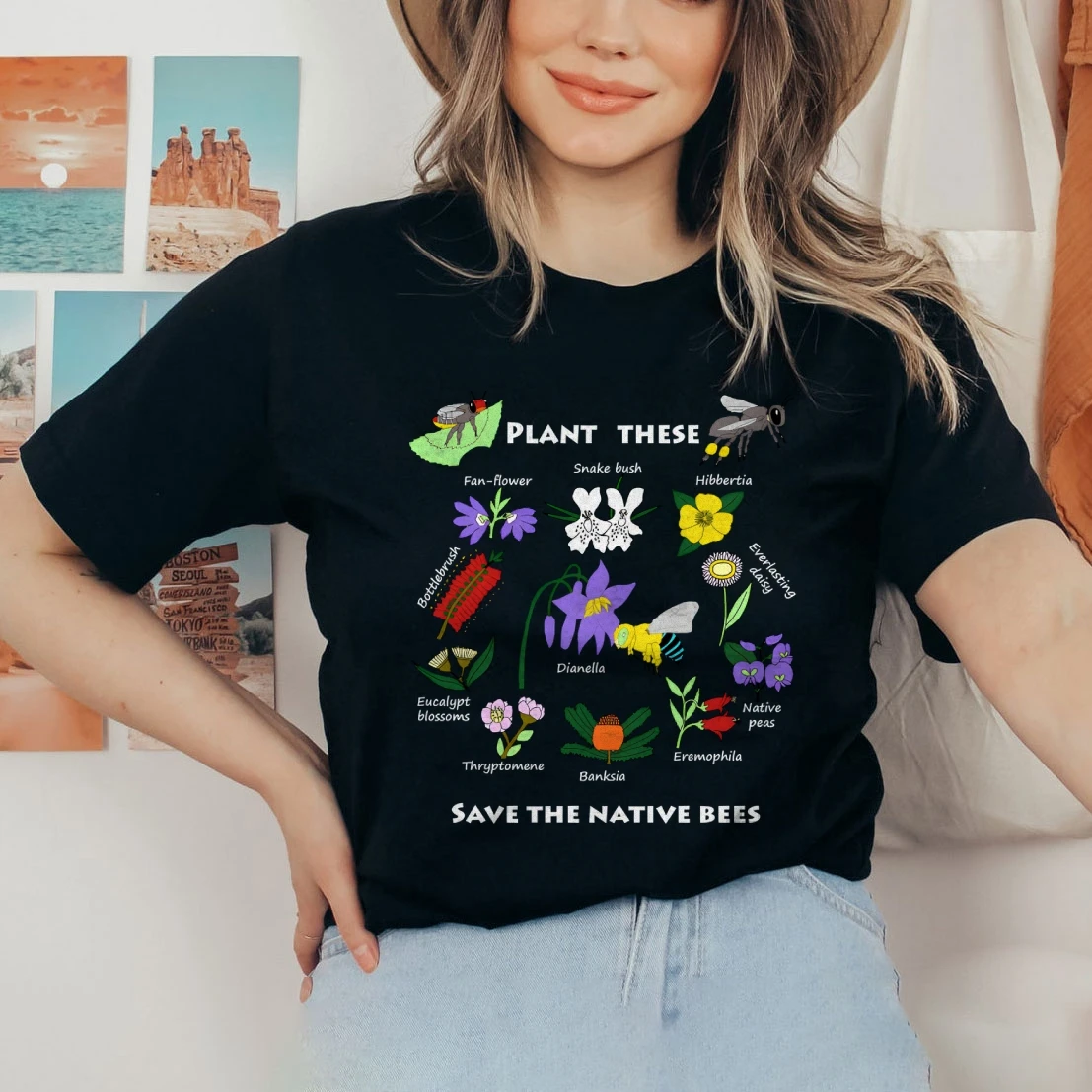 Plant These Women's Short Sleeve Tee Save The Native Bees Ladies Tops Nature Lover Gift Insect Boho Trendy Fall Work T-Shirt