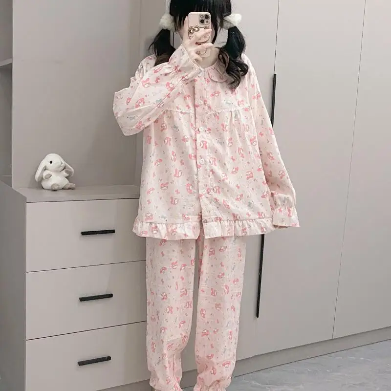 أطقم بيجامات نوم نسائية من Sanrio My Melody سراويل كاواي كارتونية للطلاب للربيع والخريف بأكمام طويلة ملابس منزلية #6