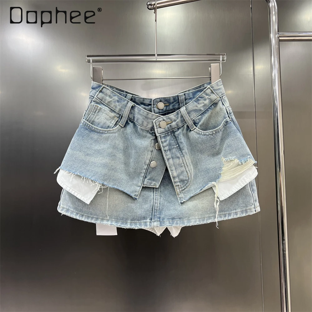 Chic Fake Two Piece Ripped Denim Skirt Street Fashion Pockets Single Breast A Line Mini Skirts Summer All Match Female Clothing