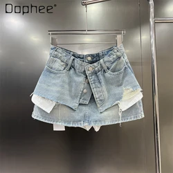 Chic Fake Two Piece Ripped Denim Skirt Street Fashion Pockets Single Breast A Line Mini Skirts Summer All Match Female Clothing