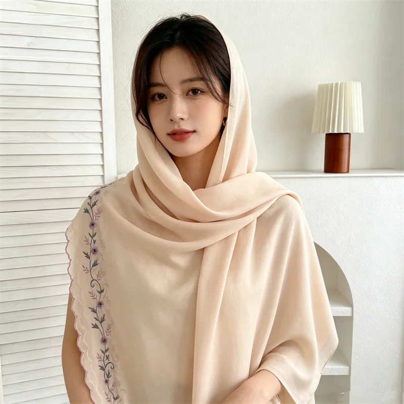 

New Solid Color Chiffon Hijab Scarf Floral Embroidery Long Shawl Fashion Muslim Islamic Women Head Wrap Turban Bandanas Headband
