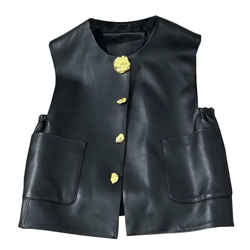 Gilet da donna in pelle di lusso leggero 2024 primavera e autunno nuovo Design di moda Sense Cardigan senza maniche nero per le donne