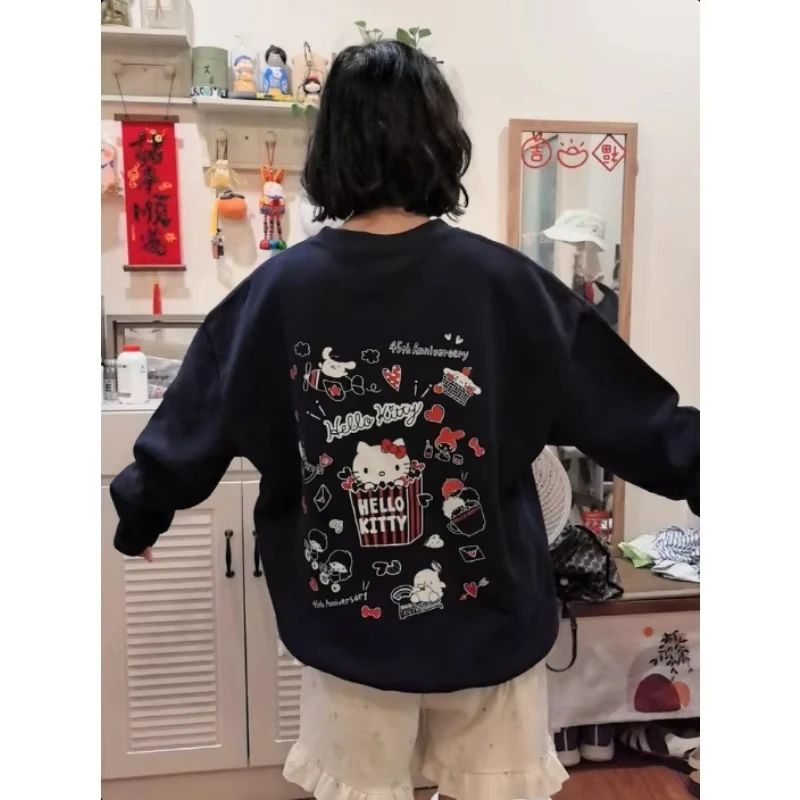 سويت شيرت MINISO Disney Korean Ins Niche Fun Kitty من الأمام والخلف مطبوع فضفاض من القطن برقبة دائرية مريح هاراجوكو