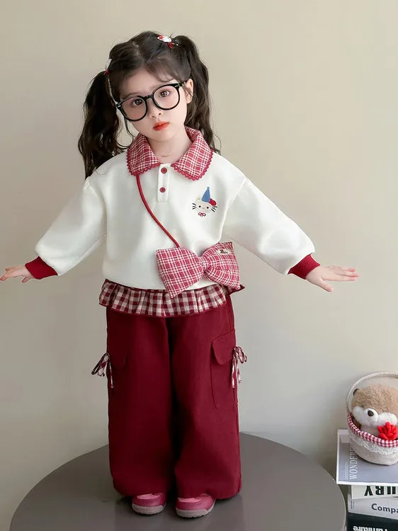 

Spring 2026 Girls' Outfit Casual Sweet Cute Plaid Collar Cartoon Embroidered Sweatirt Set Faionable Long Sve Loose Fit