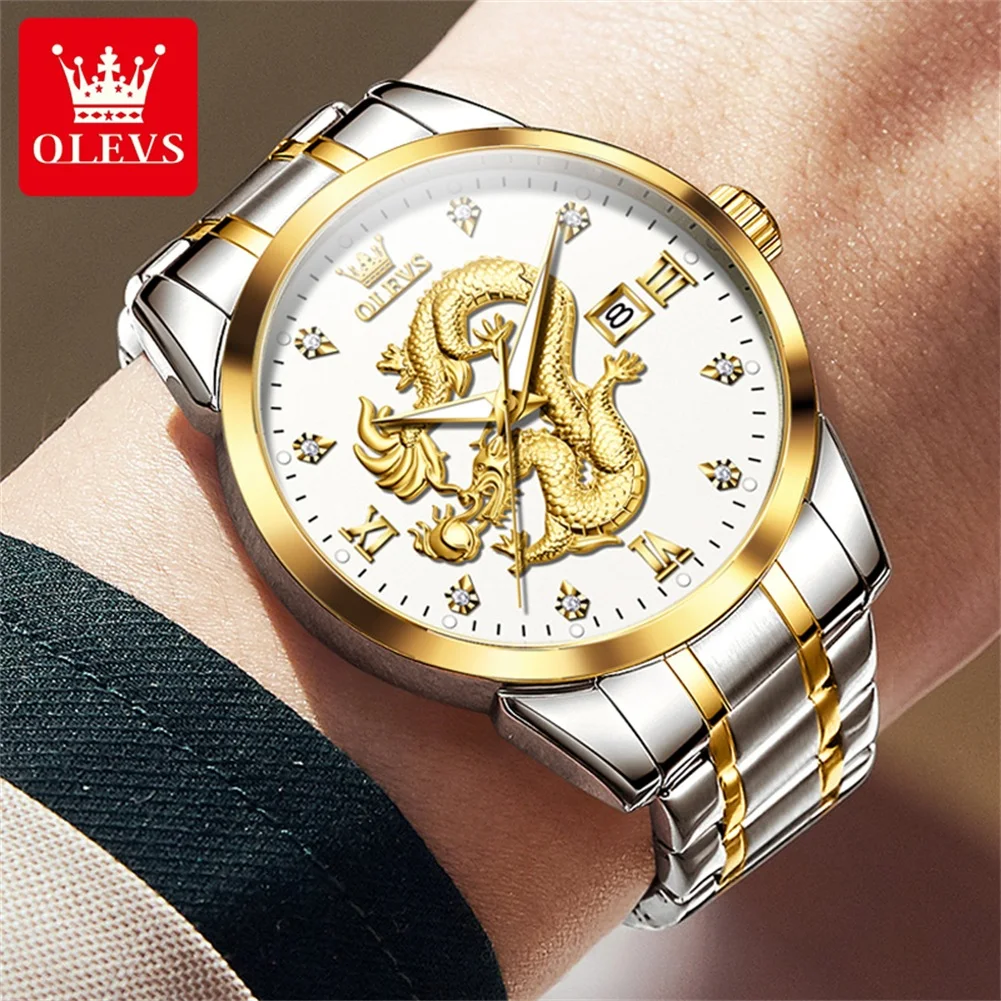 OLEVS-Montre Dragon en acier inoxydable pour homme, montres à quartz, or, diamant, calendrier, marque de luxe, haute qualité, nouveau, 3619