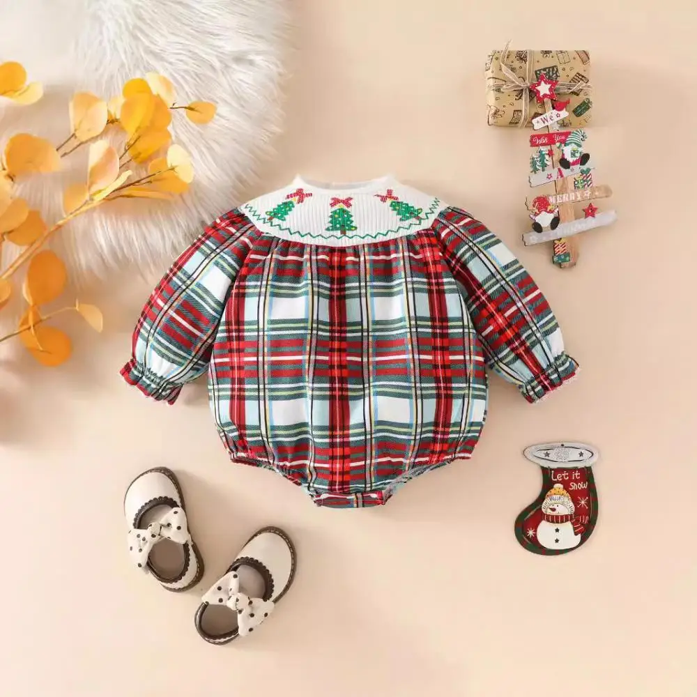 cekcya Newborn Baby Girl Christmas Party Rompers Infant Smocked Plaid Jumpsuit Toddler Girls Xmas Romper 0-18 Months Bodysuit