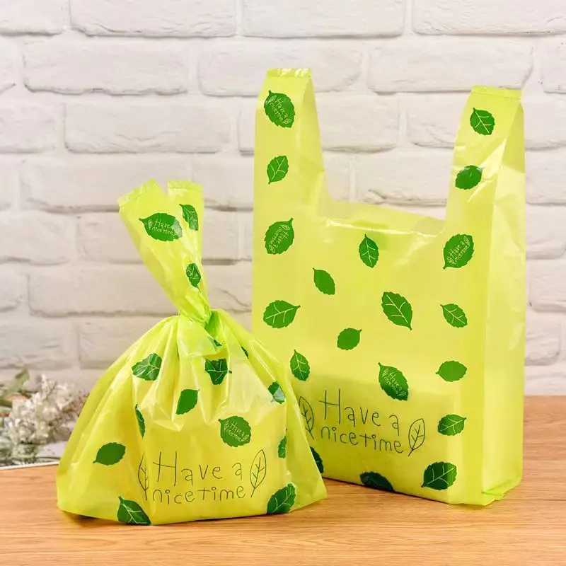 50Pcs Clear Packaging Bag Plastic Green Small Leaf Shopping Gift Bags For Jewelry Candy Store Small Business Supermarket