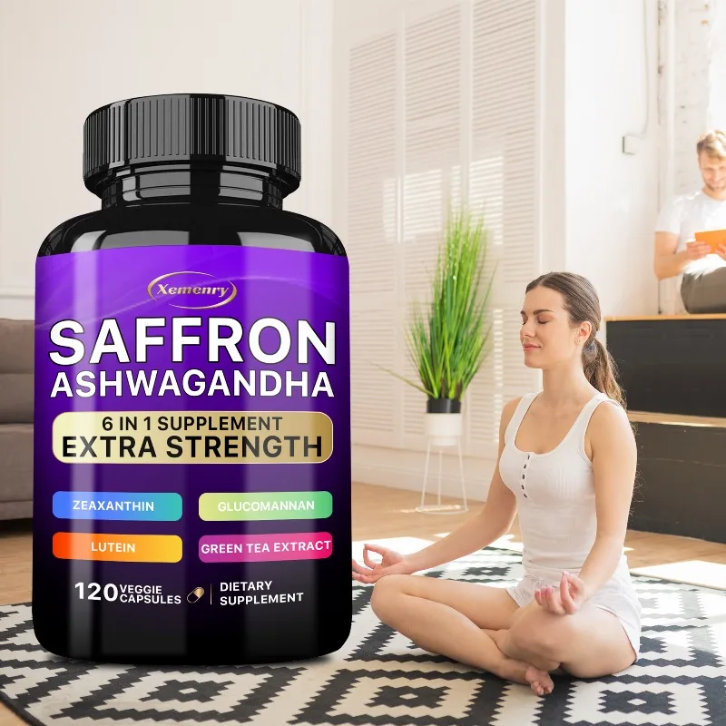 Saffron Ashwagandha Capsules, Antioxidant Supplement, Support Mood Sleep Focus Vision Energy & Digestive Health, Non-GMO