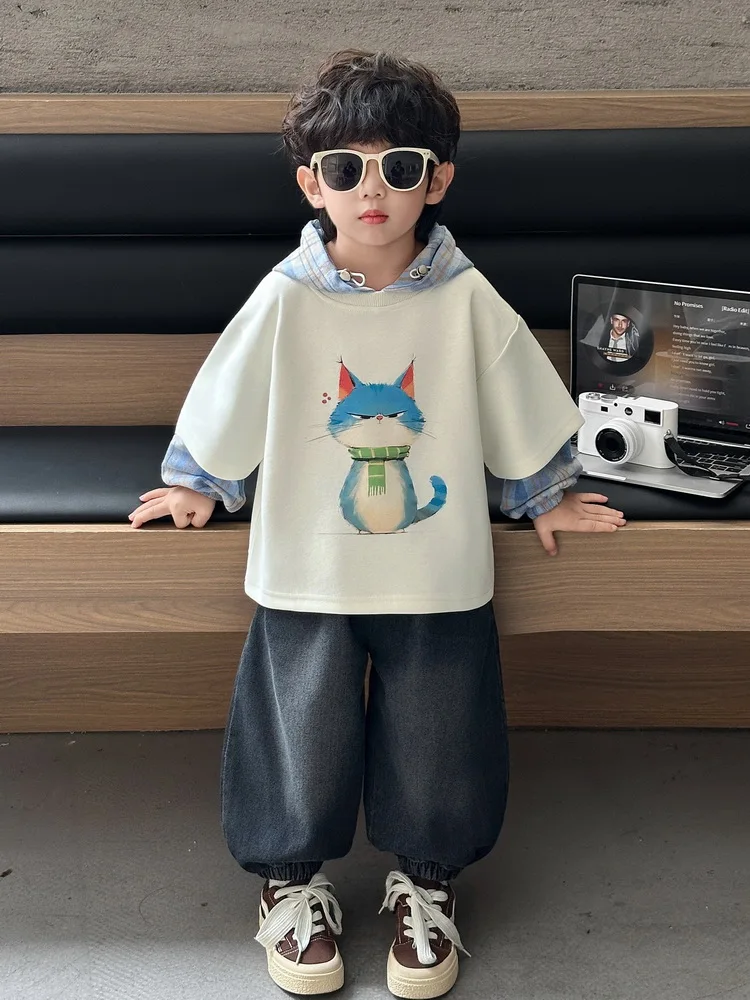 Spring&Autumn Boys Clothes Set Children Cat Patchwork Sweatshirt Hoodie +Jeans 2Pcs Suits Fashion Toddler Kids Outfit 2-11Years
