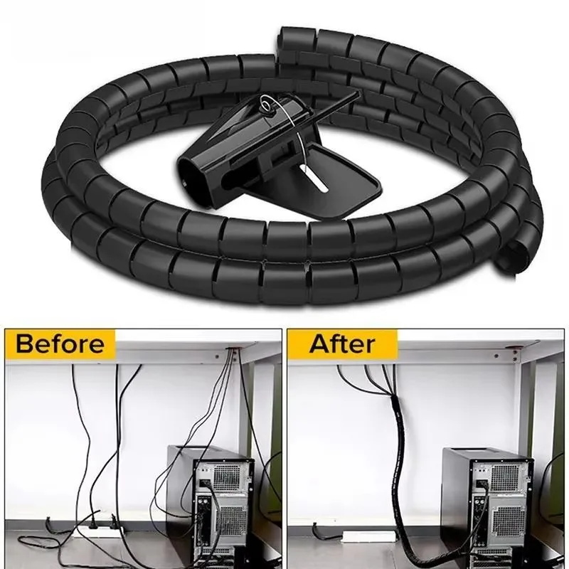 2M/1M Black Cable Wire Protector Cable Organizer Management Pipe Flexible Wire Wrap Line Coiled Tube Office Cord Sleeve Cover