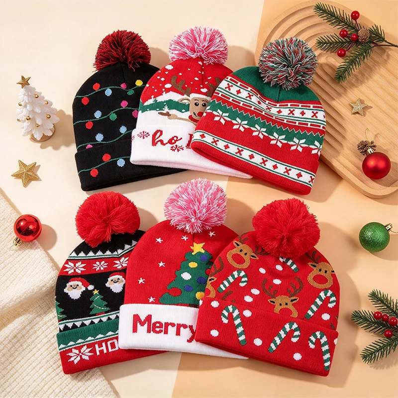 Christmas Knitted Beanie Hat for Adults Reindeer Candy Pom Pom Winter Hat Warm Soft Knit Skull Cap for Xmas Party Holiday Gift