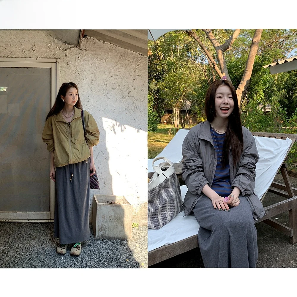 

HelloooEat Casual Versatile Stand Collar Jaet Lightweight Spring Spor Workwear Sle Nylon Fabric Long Sve Zipper Closure