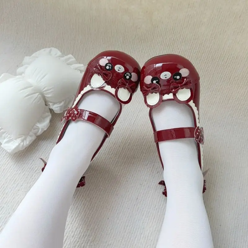 Japanese Autumn New Sweet Girl Lolita All Match Leather Shoes Original Handmade Cute Cartoon Bear All Match Low Heel Pumps