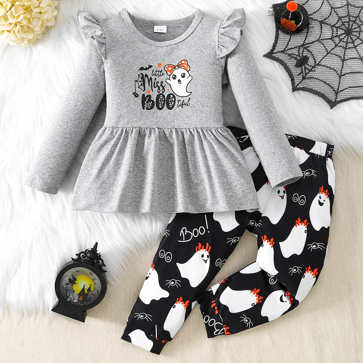 Girls Halloween Ghost Print Outfit Festive Fun Top with Lace Decoration Ghost Print CreateHoliday Atmosphere Children's Clothing