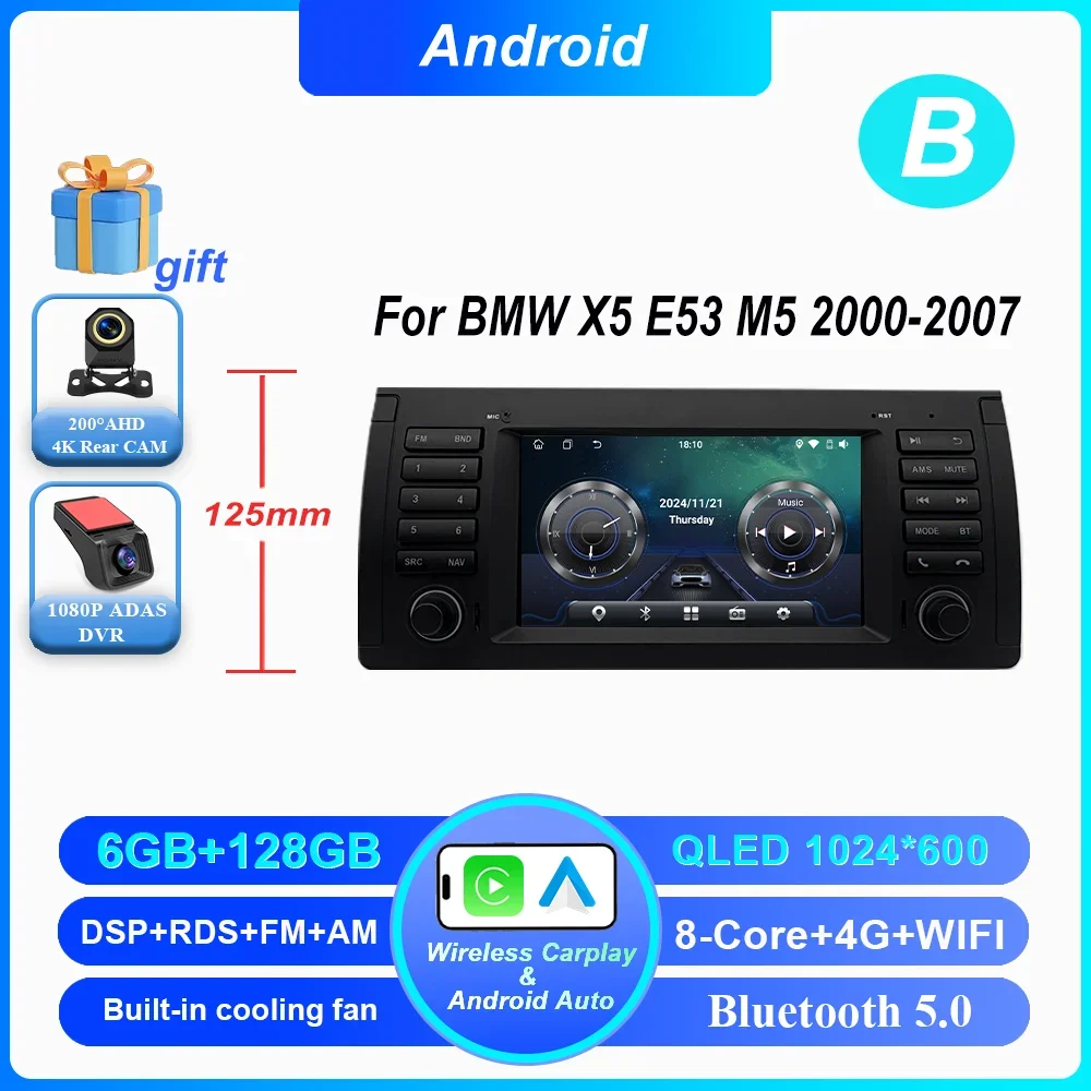 7 Inch Draadloze CarPlay Android Auto Radio Voor BMW 5 Serie E39 X5 E53 M5 1996-2003 Auto multimedia GPS 2din DVD Autoradio 4G DSP