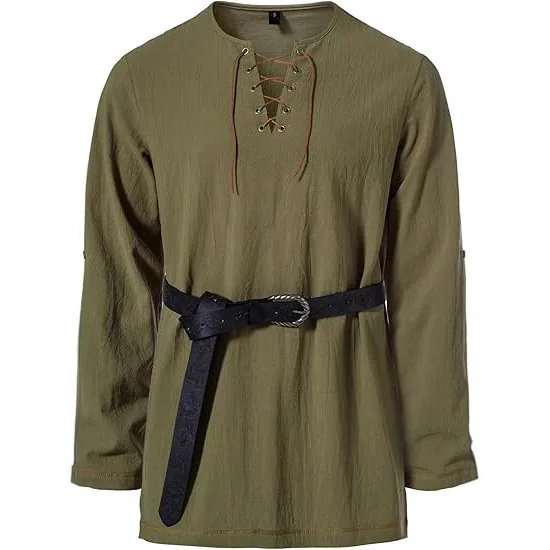 Men\'s Medieval Lace Up Tunic Shirt Renaissance Viking Pirate Costume Long Sleeve Retro Tops with Belt for Halloween Cosplay