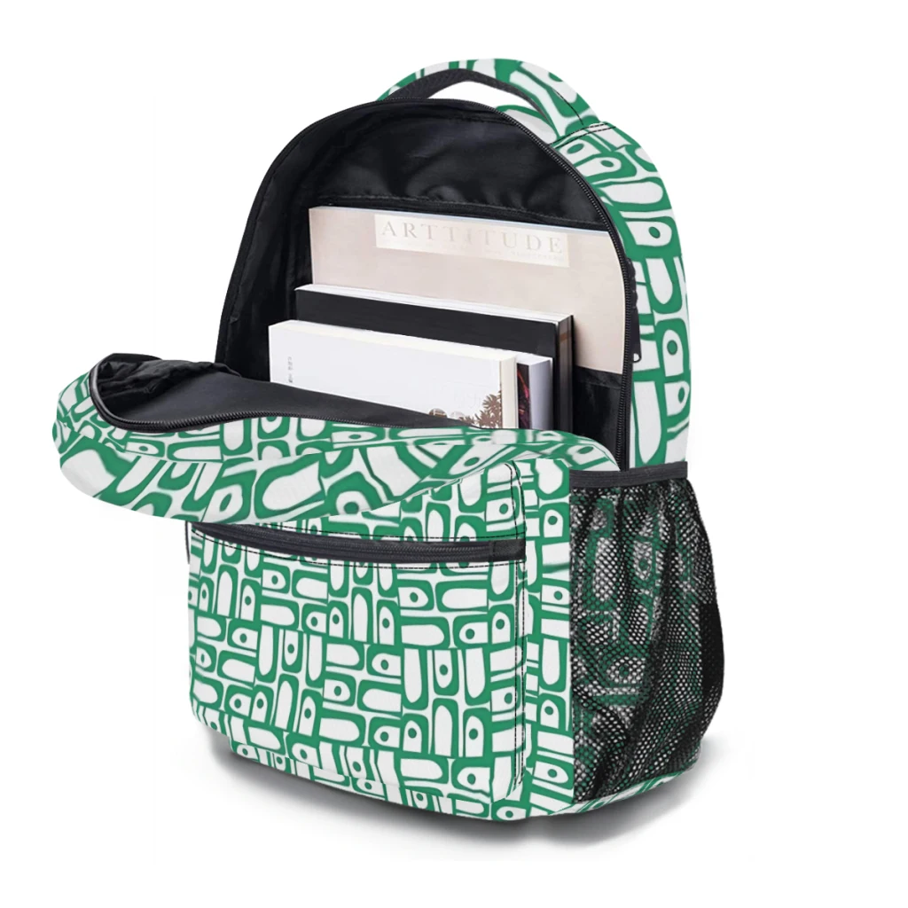 Meados do século mochila para a escola, Mochila impressão elegante, Piquet moderno, Multi Pattern abstrato, verde Kelly e WhitePattern, Novo