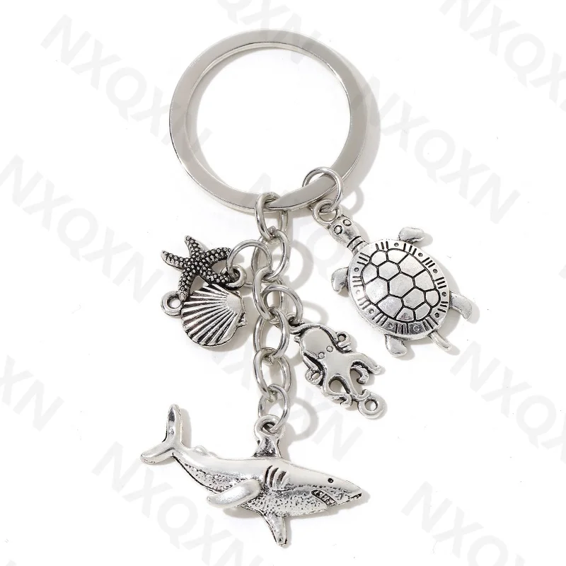 Classic Ocean Sharks Shells Starfish Turtles Alloy Keychain Sea Life Animals Key Ring For Women Men Handmade Jewelry Set