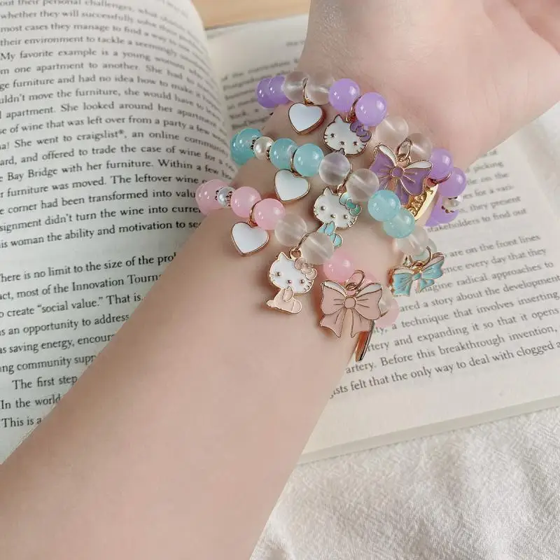 

Sanrioed Hellokittys Mymelody Kuromi Cartoon Bracelet Female Student Girlfriend Gift Cat Eye Bracelet Love Bow Pendant Bracelet