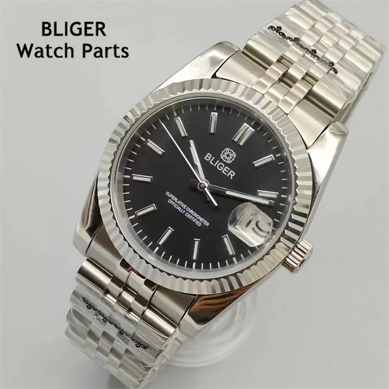 BLIGER 36mm /39mm Silver Dial NH35 Automatic Mens Watch Sapphire Glass Luminous Dial Stainless Steel Strap