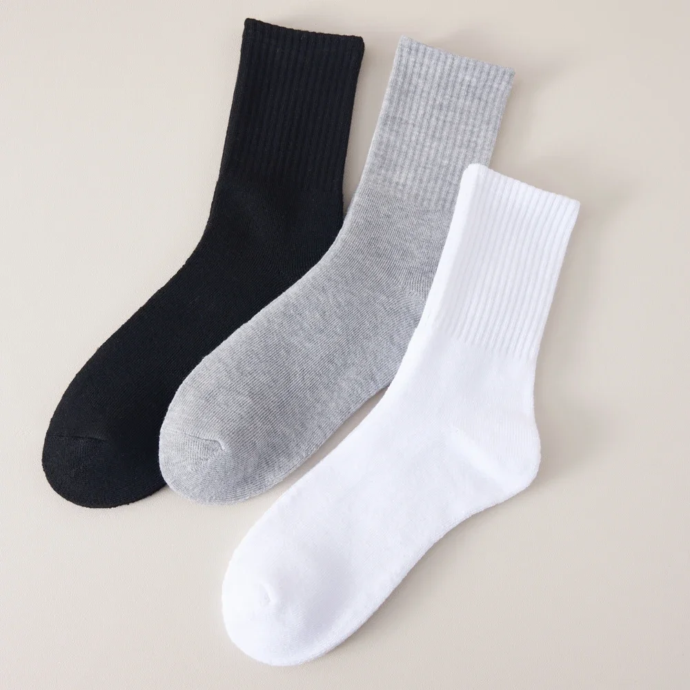 3 Pairs Men Winter Socks Thick Thermal Warm Socks Middle Tube Black White Grey Socks Solid Color