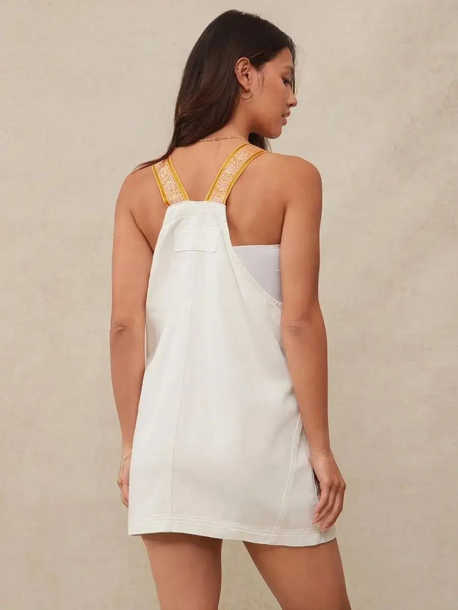 

Square Neck Denim Pinafore Mini Dress With Floral Straps Casual Summer Outfit For Women