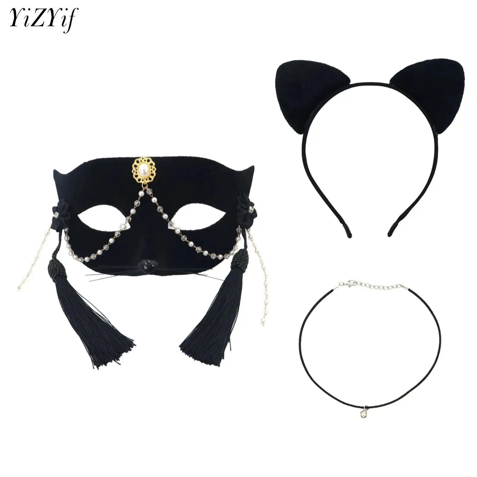 

Eye Mask Carnival Halloween Masquerade Maks Cosplay Costume Cute Ear Headband Feather Necklace Diamonds Princess Half Face Mask