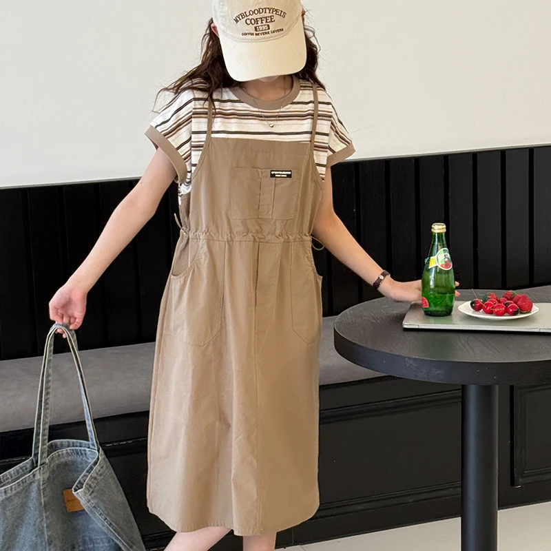 Girl's fake two-piece dress children's vest dress girl's A-line dress stylish long dress summer