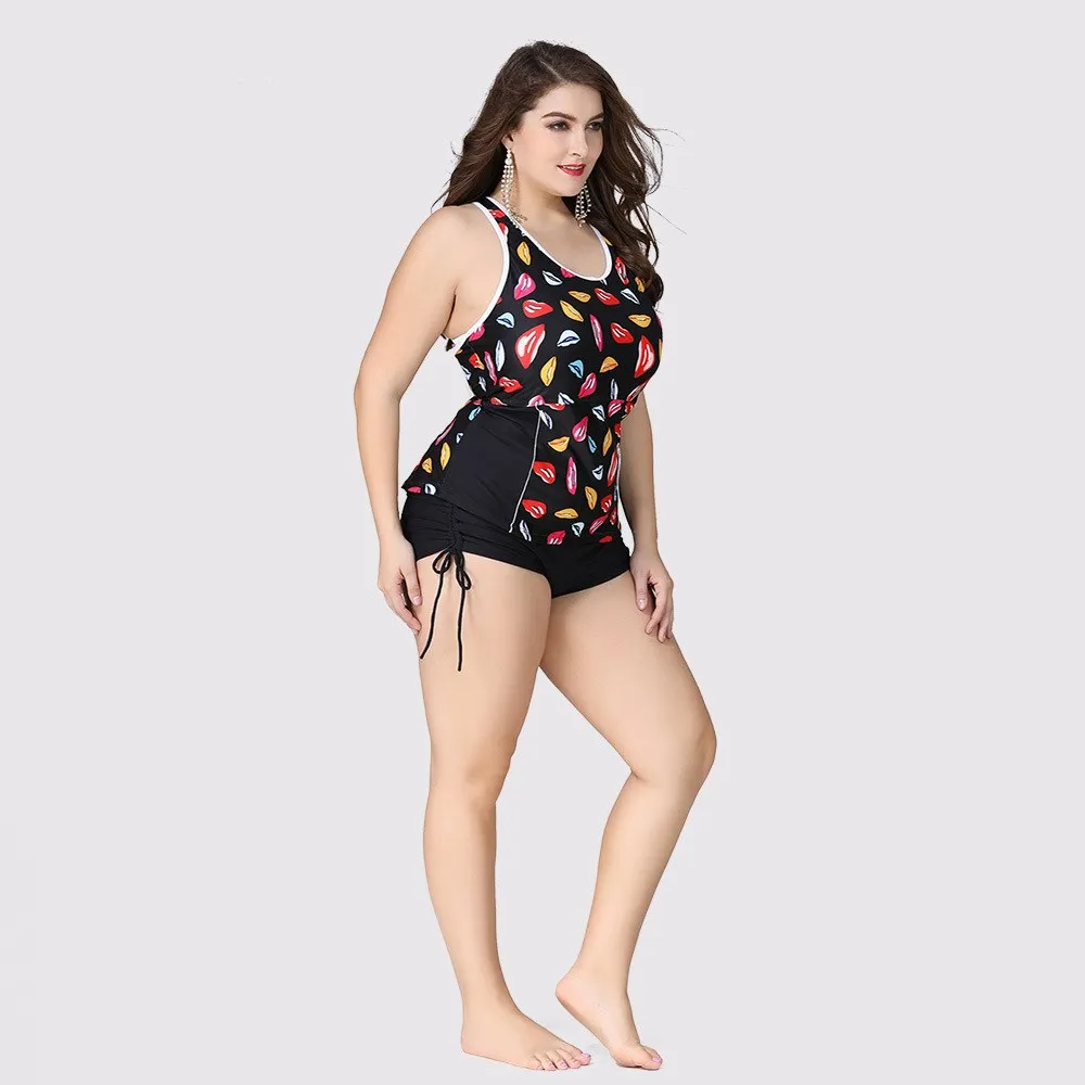 Plus Size Swimwear two piece Sepatate Swimsuit Women Ladies Boy Short High Waist Bikinis Bathing Suits Lips Print Tankini 5XL