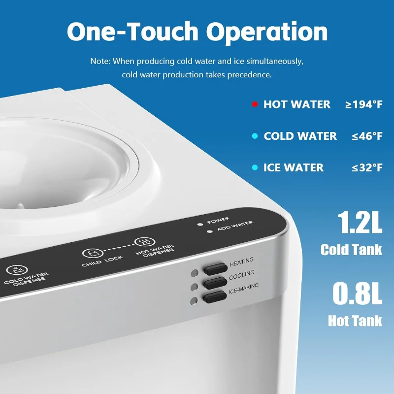 موزع مبرد مياه 3 في 1 مع صانع ثلج، موزع مياه ساخن وبارد للمكتب المنزلي، 33 رطل/24 ساعة، تحميل علوي 3 أو 5 جالون
