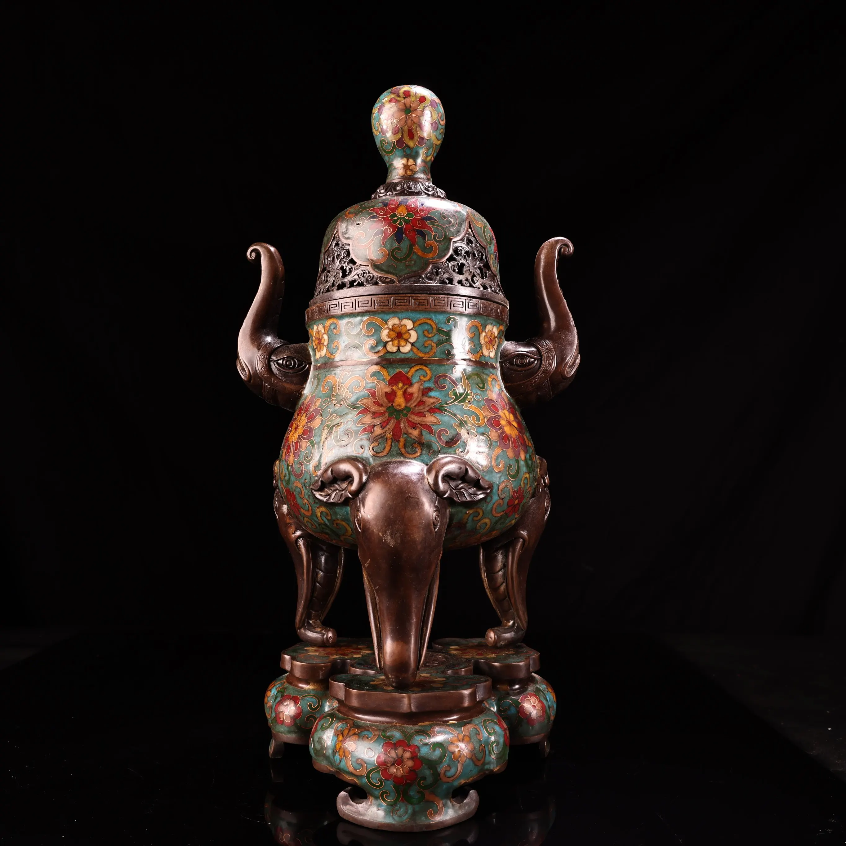 

16"Old Bronze Cloisonne Enamel Elephant Head Ear Elephant Trunk Tripod Incense Burner base Amass wealth Ornaments Town house