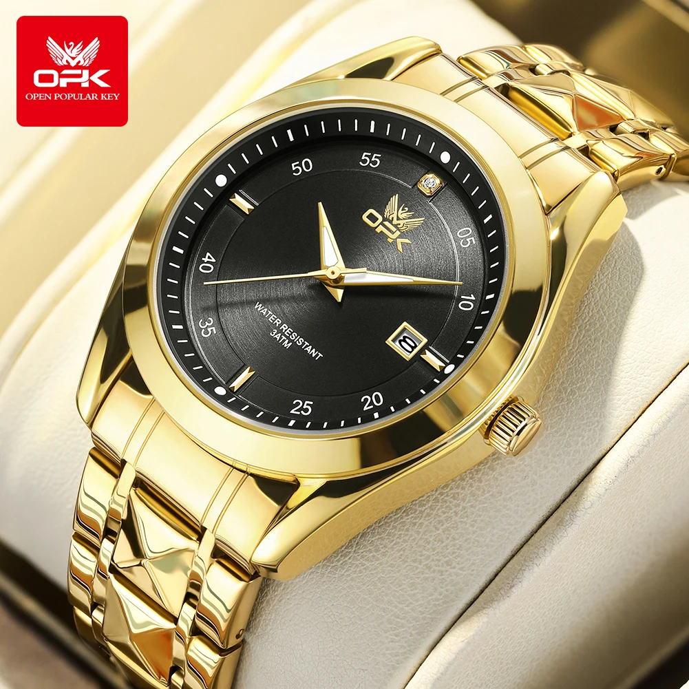 OPK 8183 Men's Watches Gold Steel Strap Classic Large Dial Fashion Simple Waterproof Luminous Calendar Quartz Watch For Man