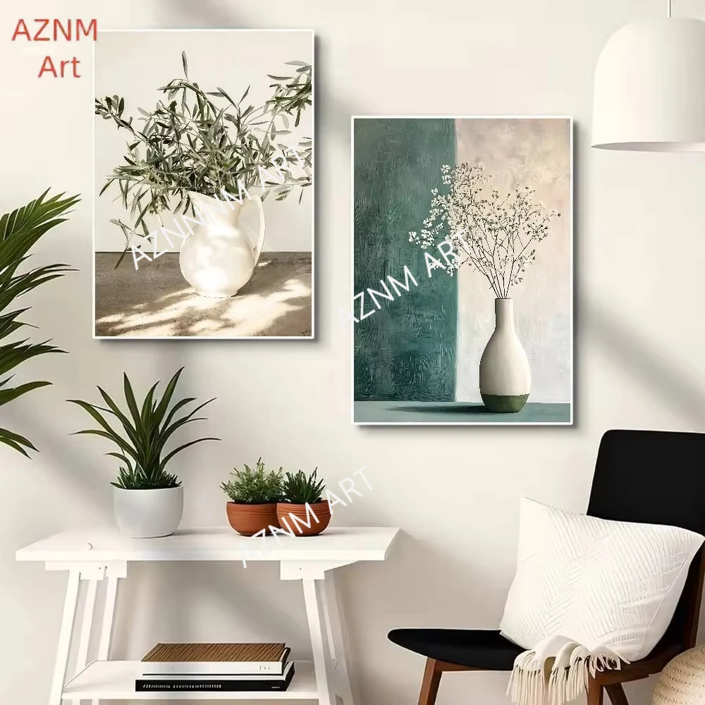Neutral Olive Tree Shadow Vase Retro Botanical Poster Art Waterproof Paper Sticker Coffee House Bar Room Wall