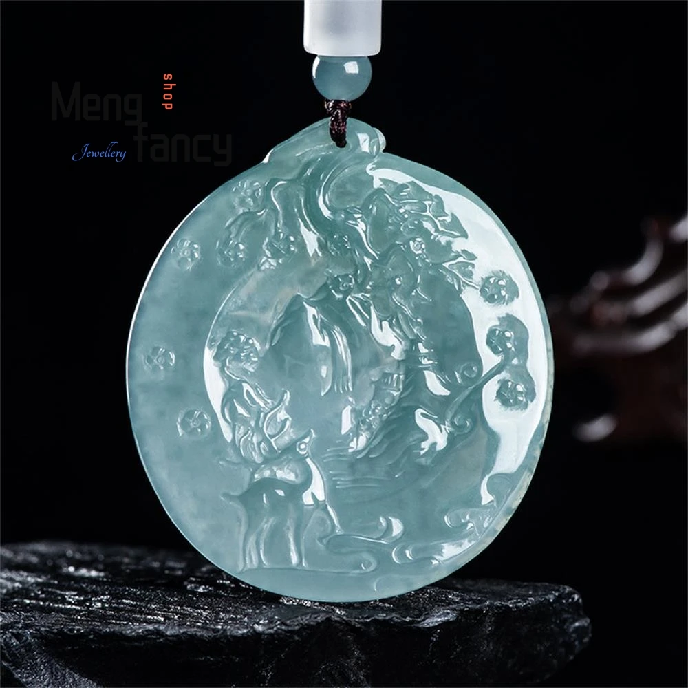 

Natural A-goods Jadeite Blue Water Deer Plaque Plum Blossom Deer Trekking Snow Plum Jade Pendant Pendant Sihui Jadeware