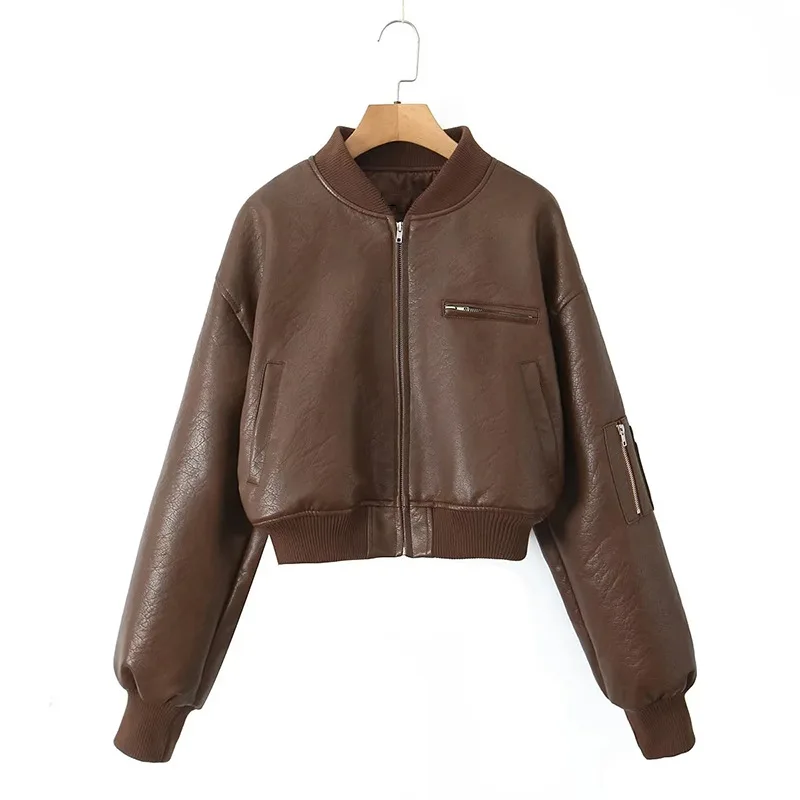 Vintage Leder Bomber jacke Frauen lässig O-Ausschnitt Reiß verschluss taschen Langarm Crop Jacken 2024 Herbst Dame High Street Out wears