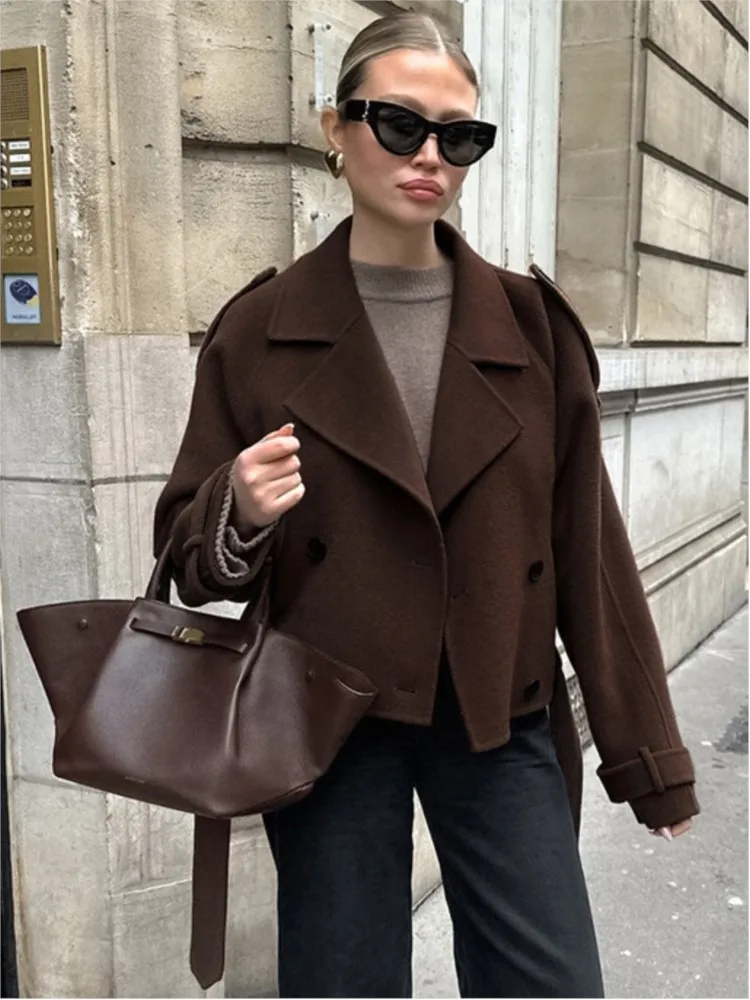 Autumn Winter 2024 New Woolen Cropped Jacket For Women Fashion Double-breasted Turndown Collar Outerwear Office Lady Chic Coats