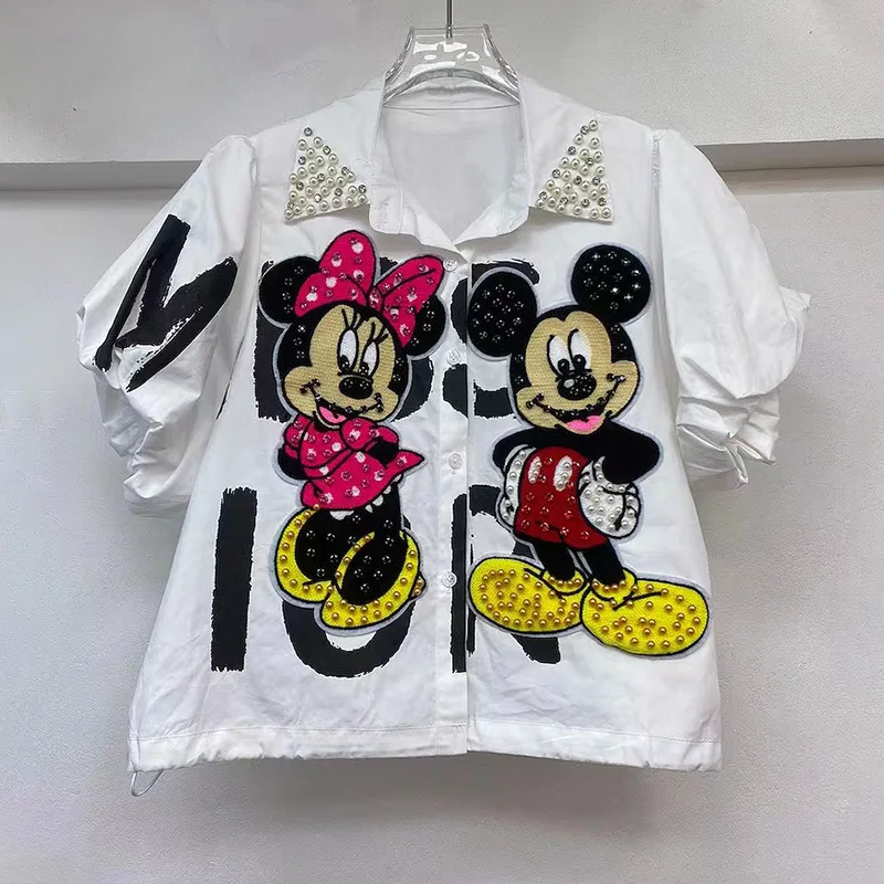 

Disney Mickey Minnie Cartoon Nail Bead Shirt For Women Spring Summer Loose Short Polo Collar Top Fashion Niche Commuting Shirt