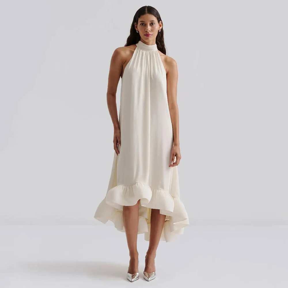 

Customized Women's Wedding Dresses Asymmetrical Ruffle Halter High-Low Wedding Gowns Beige Cut Out A Line Modern Bridal Dress