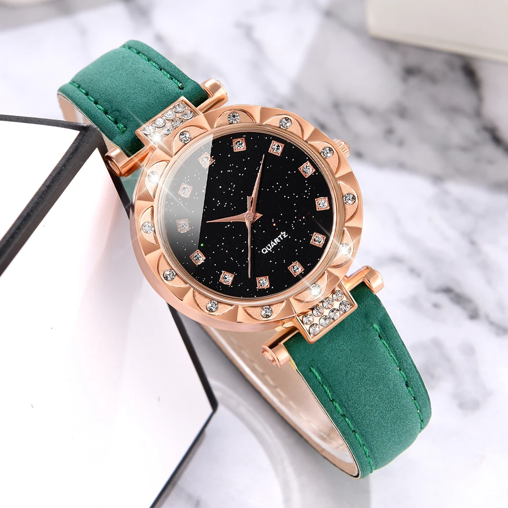 5pcs/set Women\'s Watch Luxury Green Quartz Watch PU Analog Dress Wrist Watch & Green Jewelry Set Gift For Mom Her ﻿