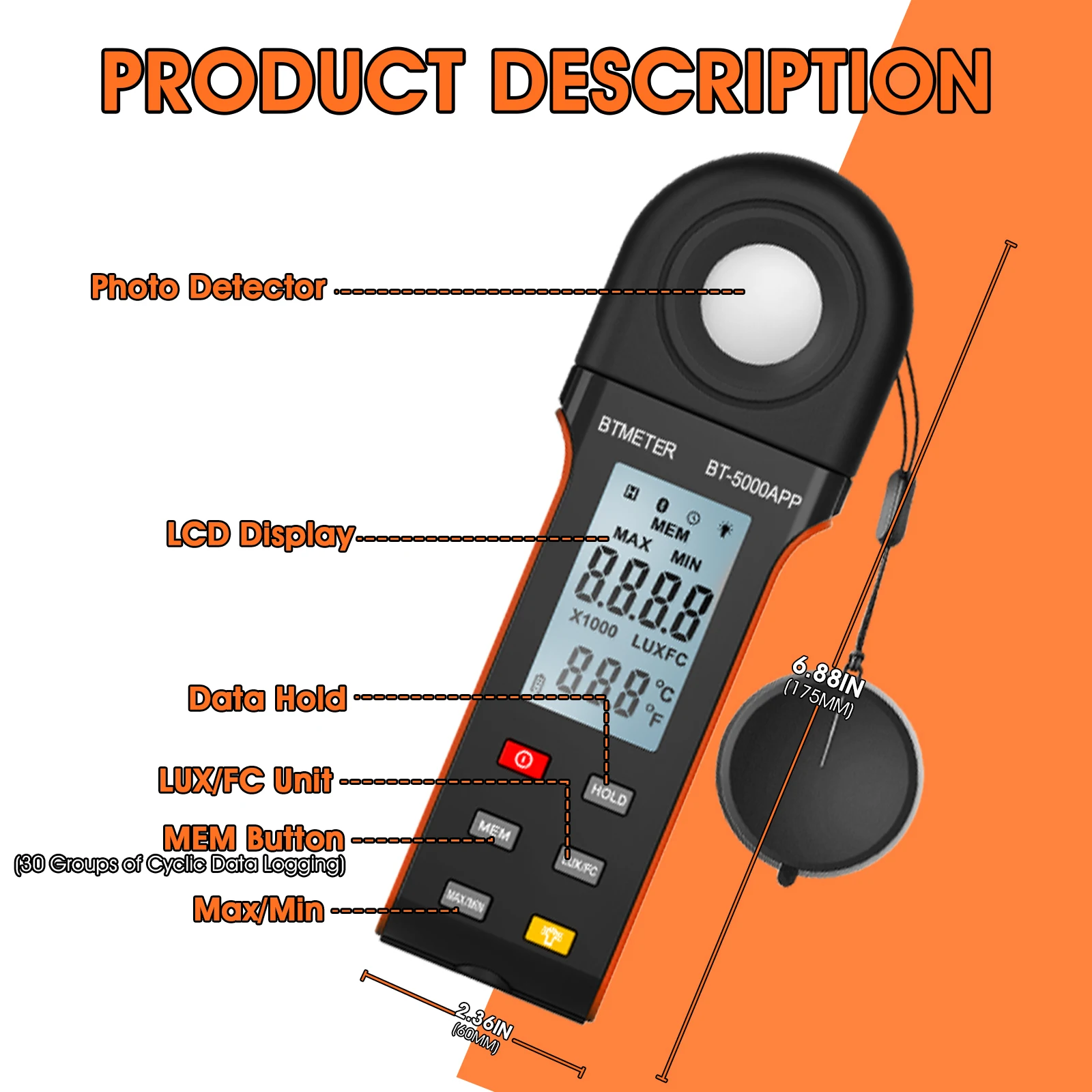 

Digital Lux Meter 1-400,000Lux connect to phone APP unilaterally at 90 degrees or 270 degrees Measure illumination LCD display