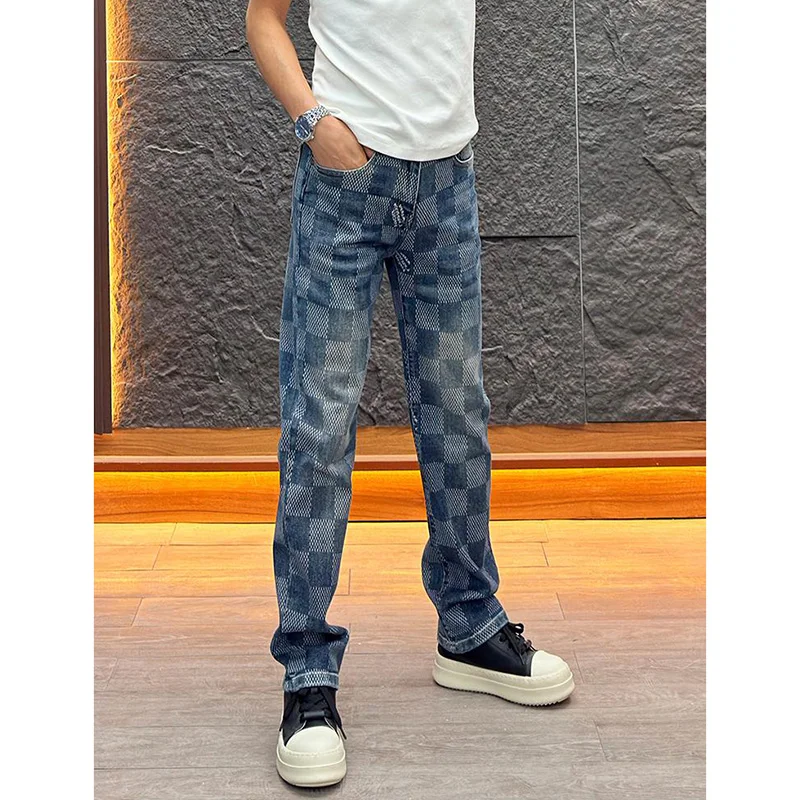 

Retro American Plaid Splicing Jeans Men Loose Straight Casual Long Trousers Trend Spring 2026 New Style Fashion Urban Daily Wear